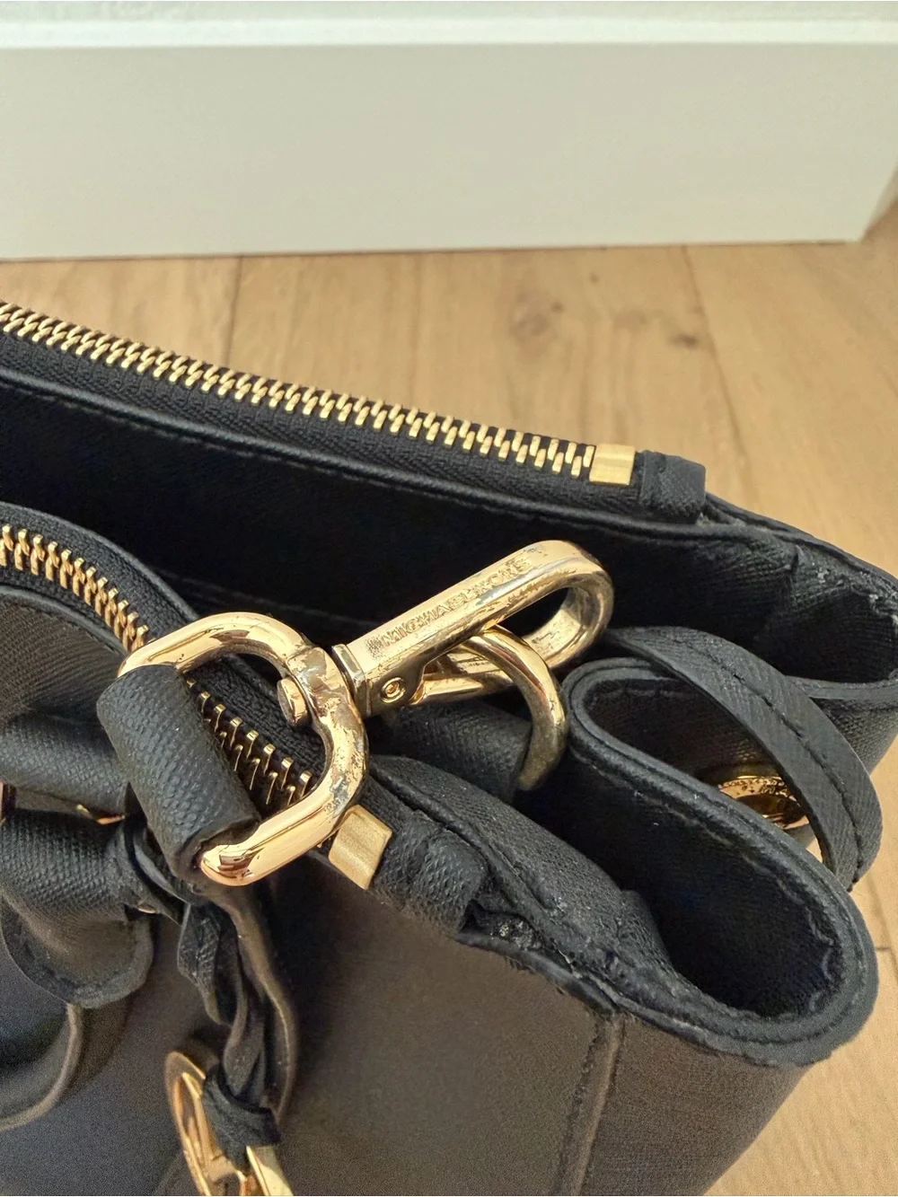 Michael Kors Black Saffiano Leather Satchel Crossbody Bag Gold Hardware